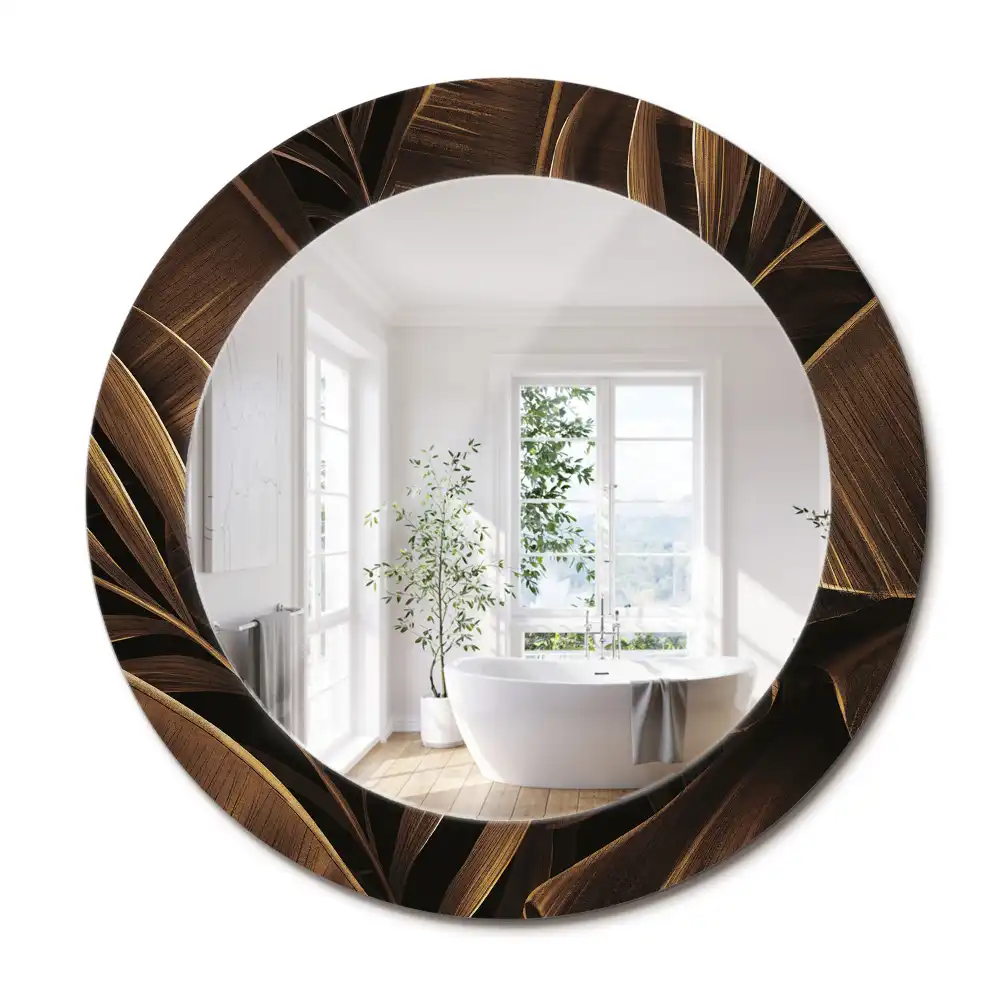 Miroir rond avec décoration feuilles de bananier brunes