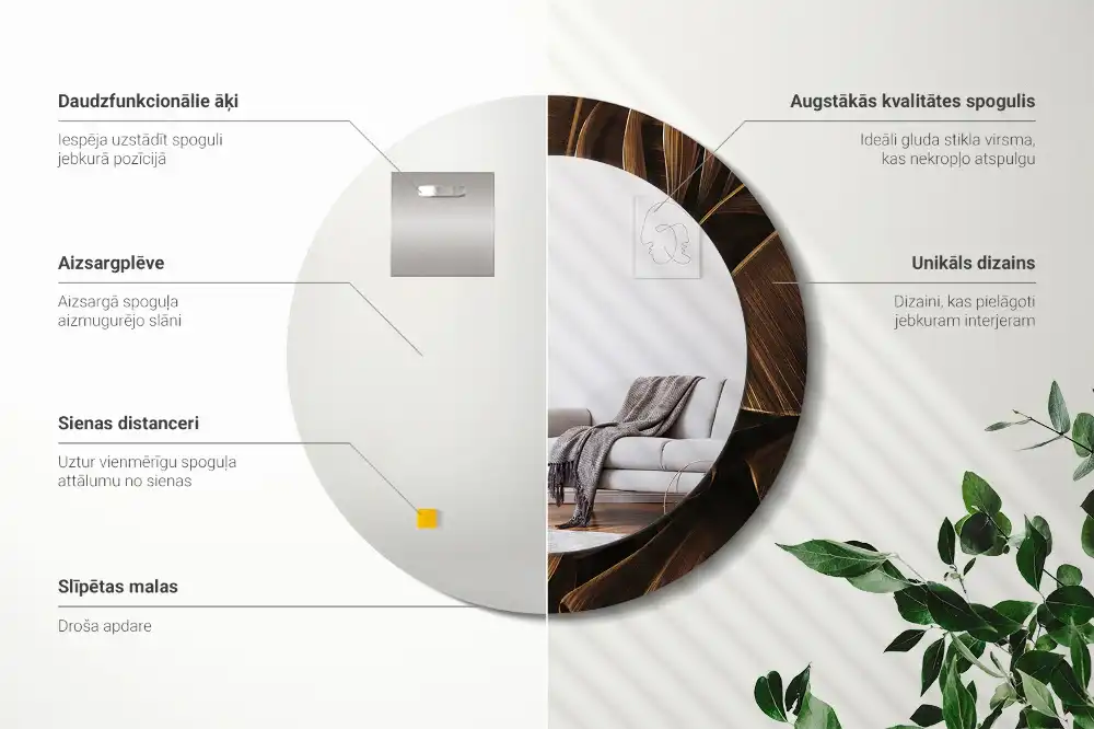 Miroir rond avec décoration feuilles de bananier brunes