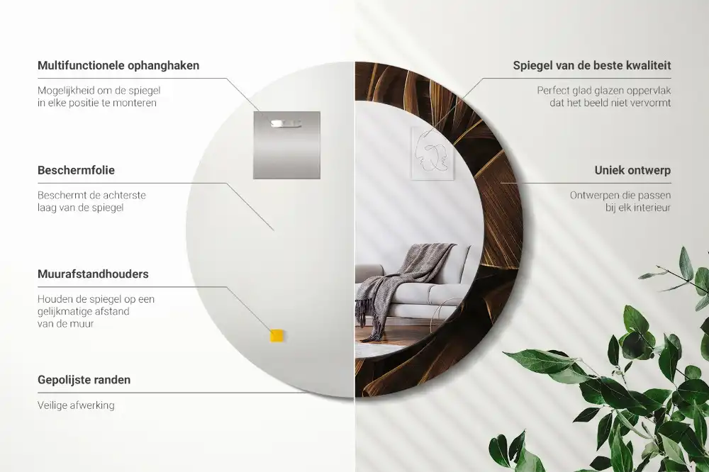 Miroir rond avec décoration feuilles de bananier brunes