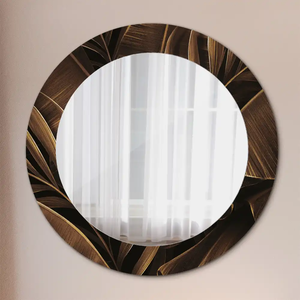Miroir rond avec décoration feuilles de bananier brunes