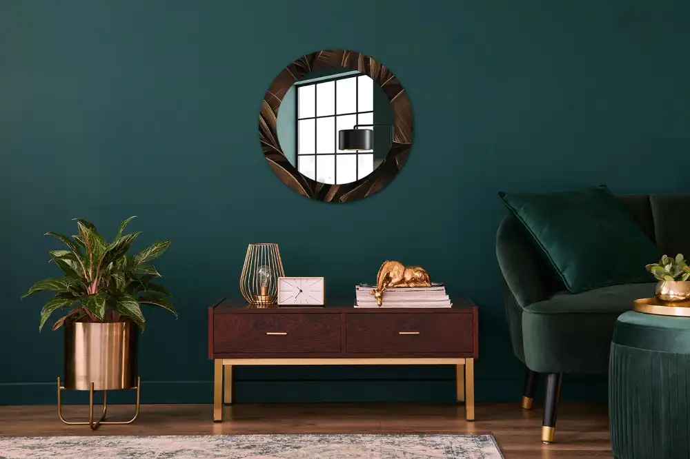 Miroir rond avec décoration feuilles de bananier brunes