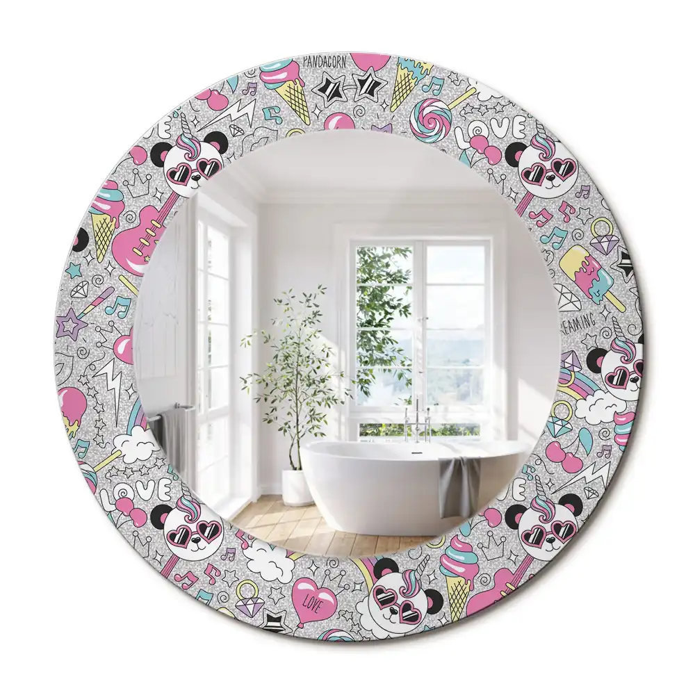 Miroir rond cadre imprimé panda licorne