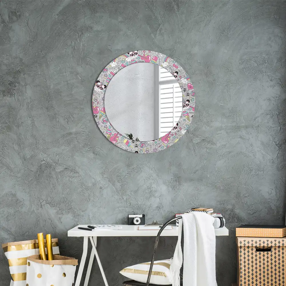 Miroir rond cadre imprimé panda licorne