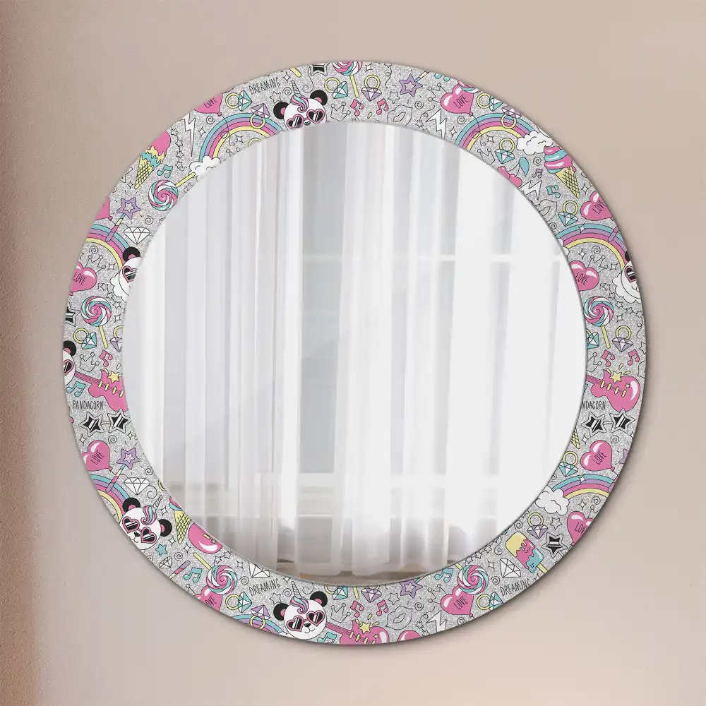 Miroir rond cadre imprimé panda licorne