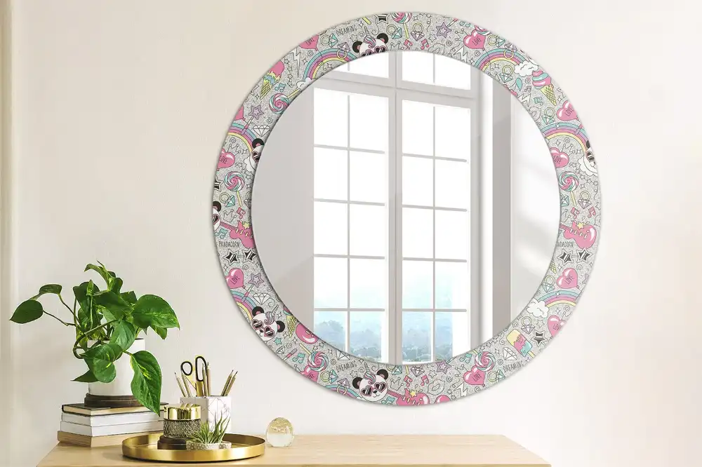 Miroir rond cadre imprimé panda licorne