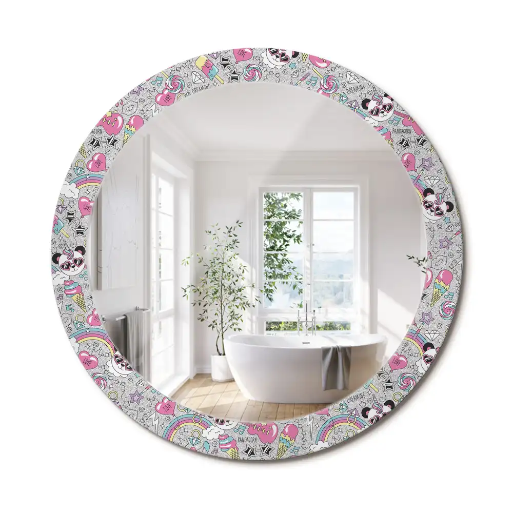 Miroir rond cadre imprimé panda licorne