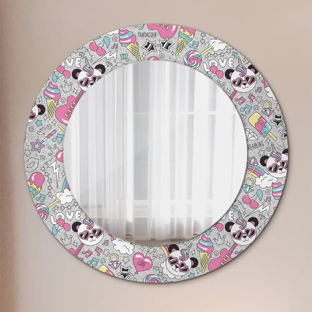 Miroir rond cadre imprimé panda licorne