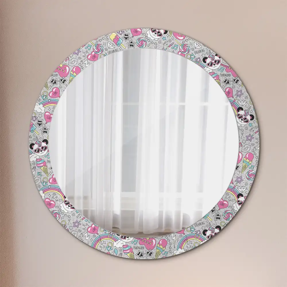 Miroir rond cadre imprimé panda licorne