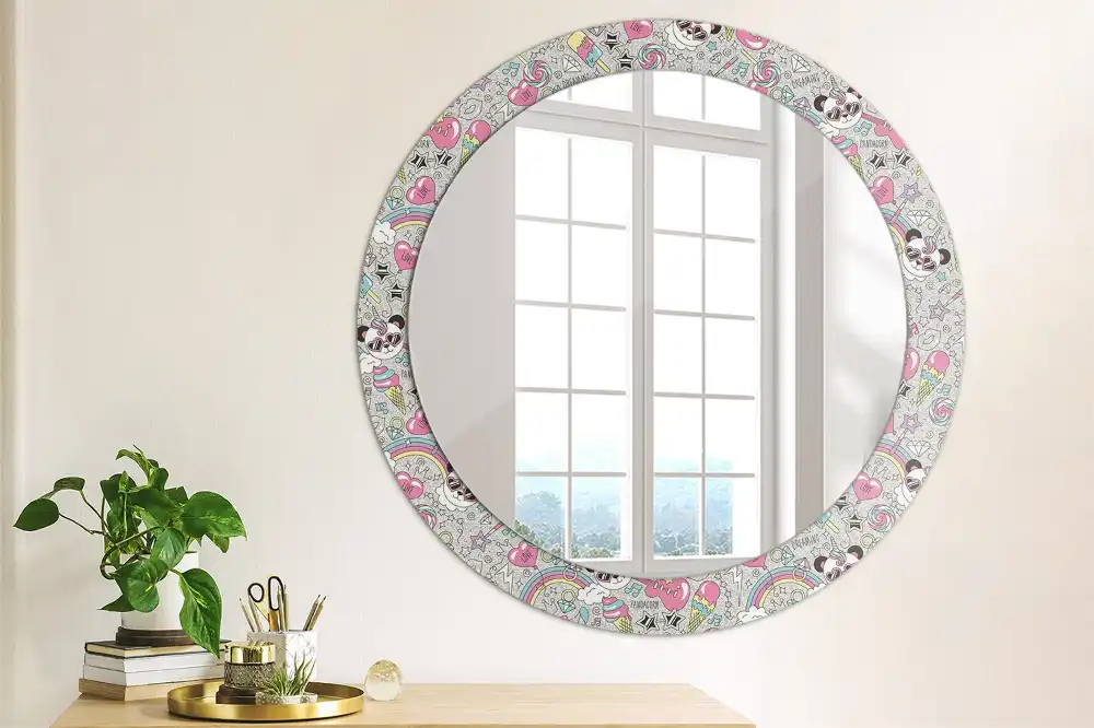 Miroir rond cadre imprimé panda licorne