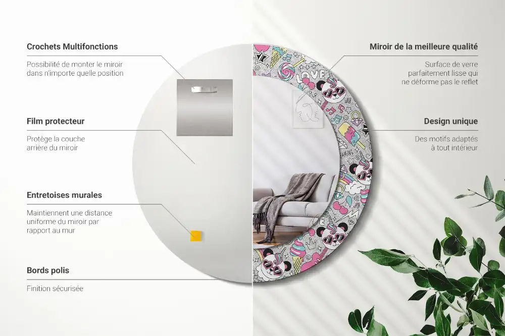 Miroir rond cadre imprimé panda licorne