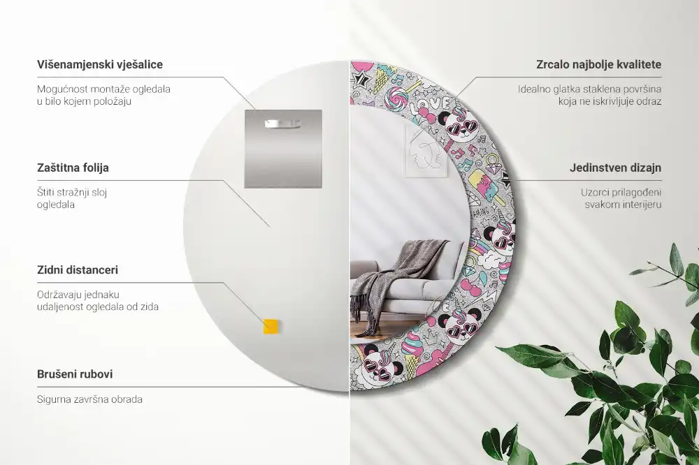 Miroir rond cadre imprimé panda licorne