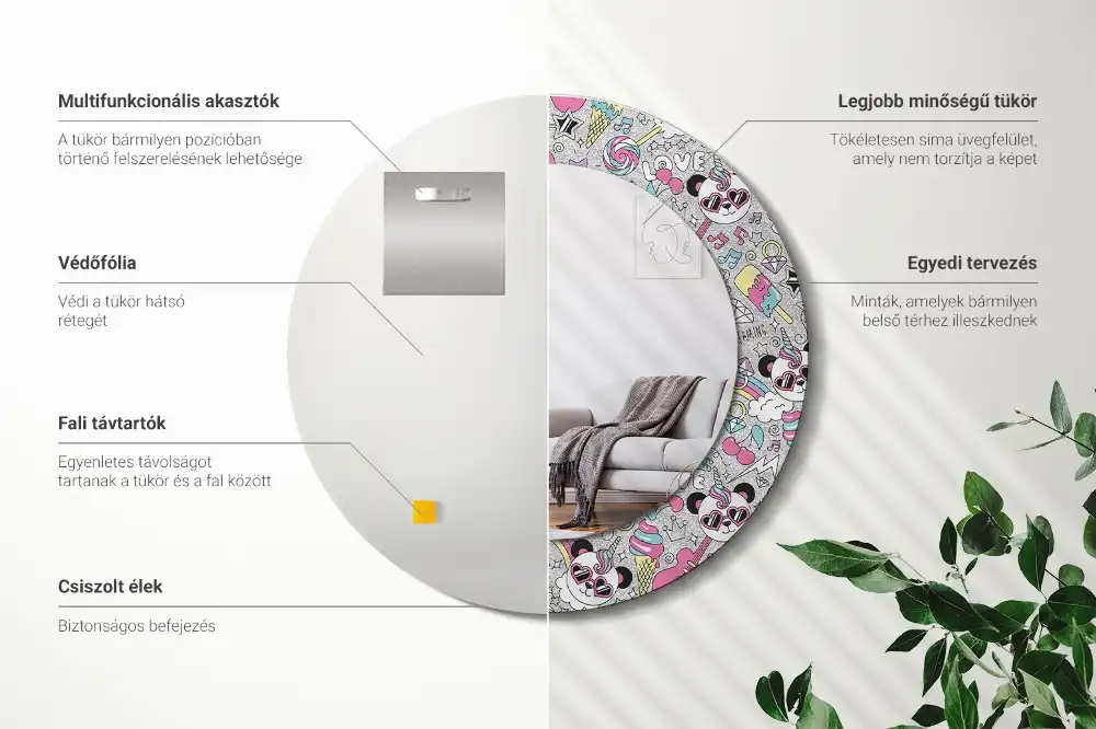 Miroir rond cadre imprimé panda licorne