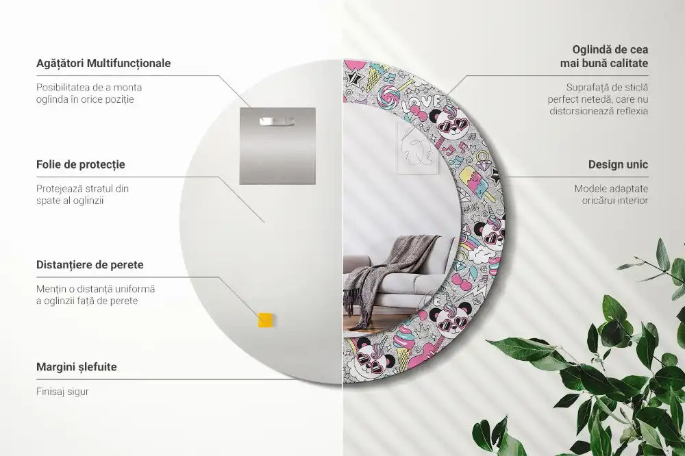 Miroir rond cadre imprimé panda licorne