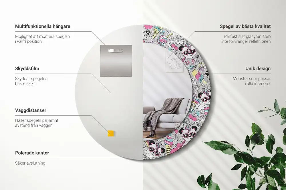 Miroir rond cadre imprimé panda licorne