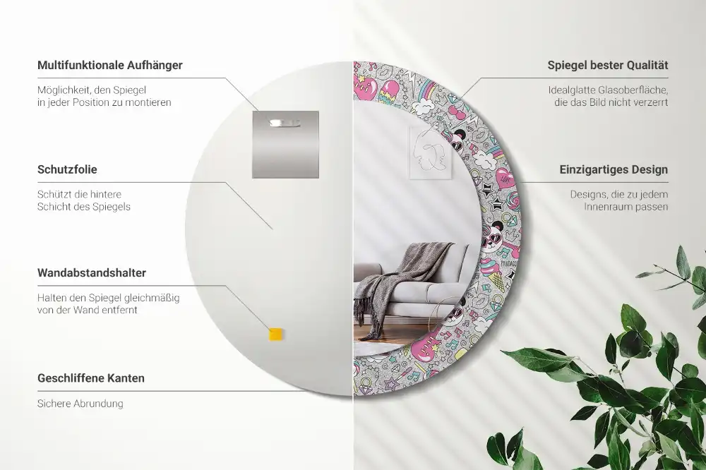 Miroir rond cadre imprimé panda licorne