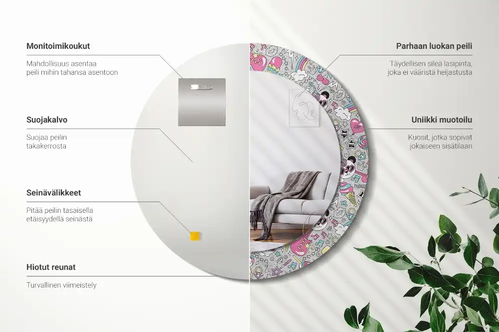 Miroir rond cadre imprimé panda licorne