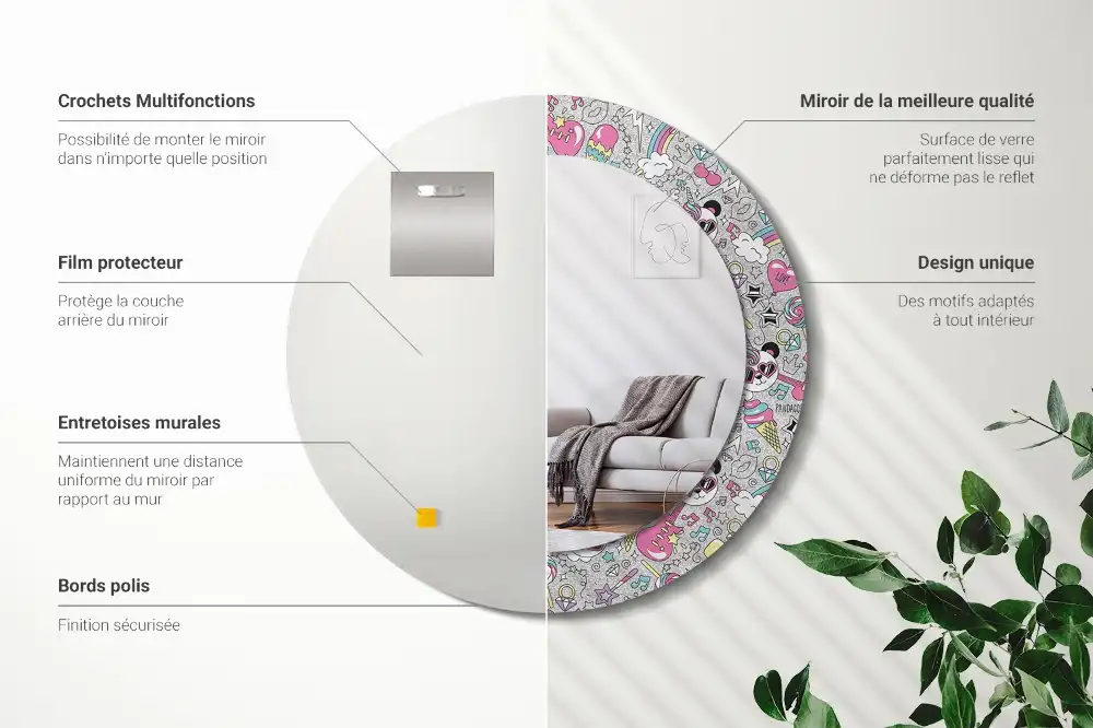 Miroir rond cadre imprimé panda licorne