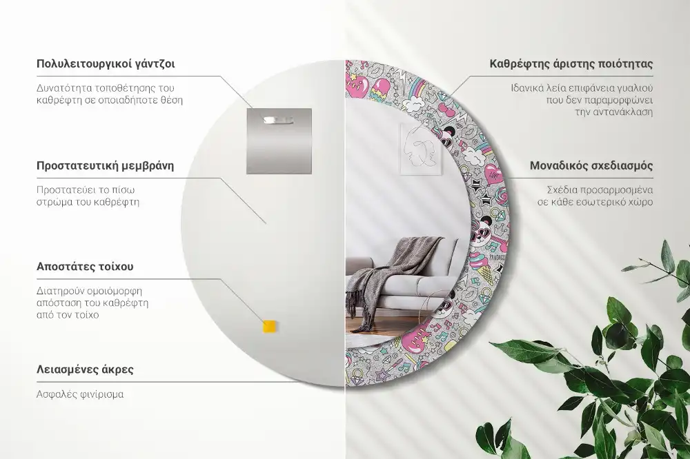 Miroir rond cadre imprimé panda licorne