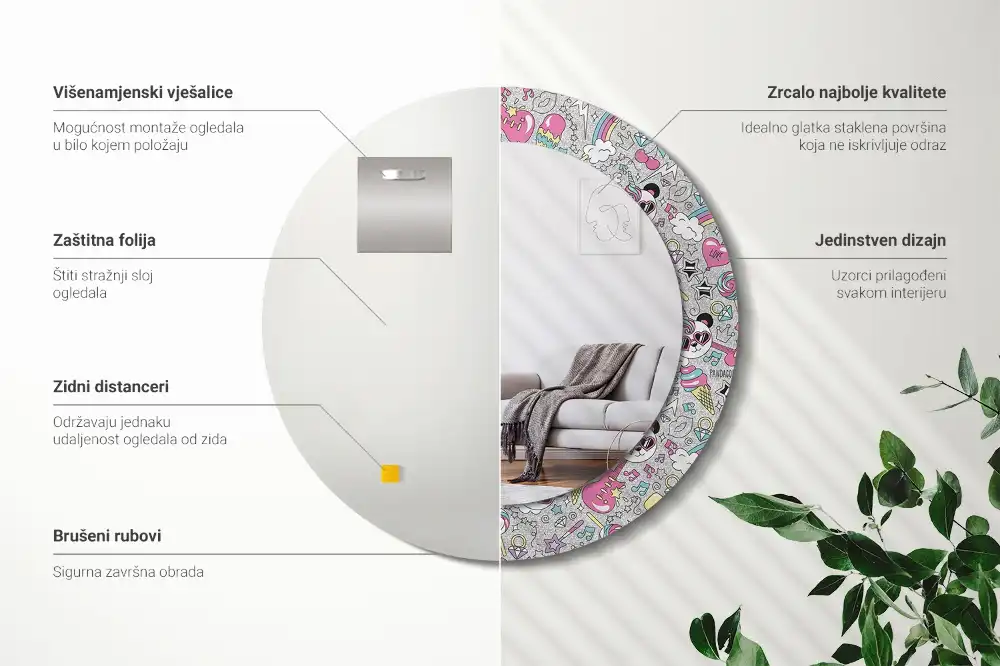 Miroir rond cadre imprimé panda licorne