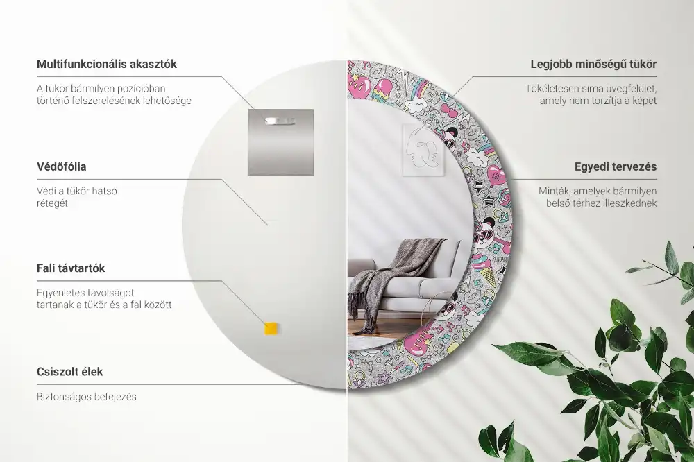 Miroir rond cadre imprimé panda licorne