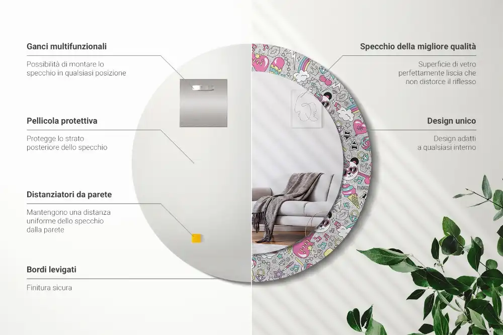 Miroir rond cadre imprimé panda licorne