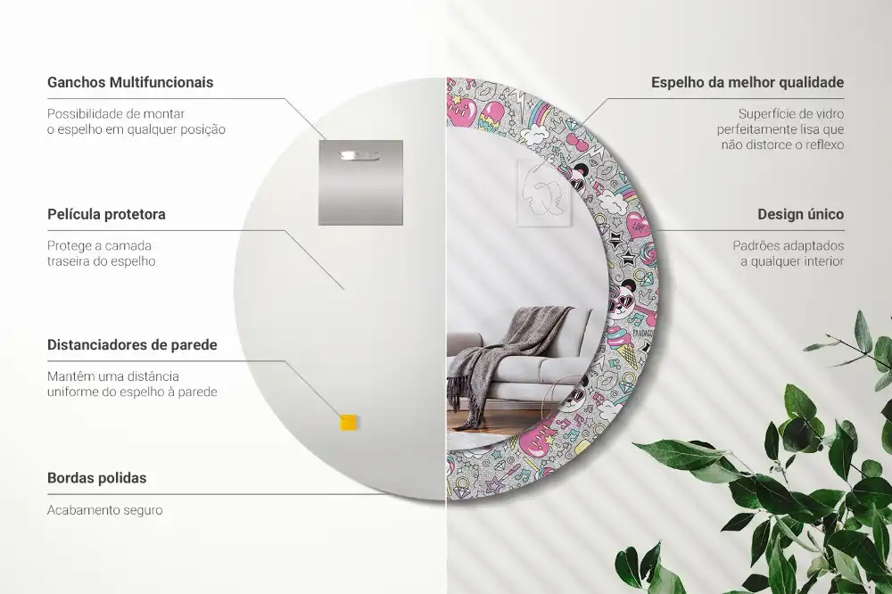 Miroir rond cadre imprimé panda licorne