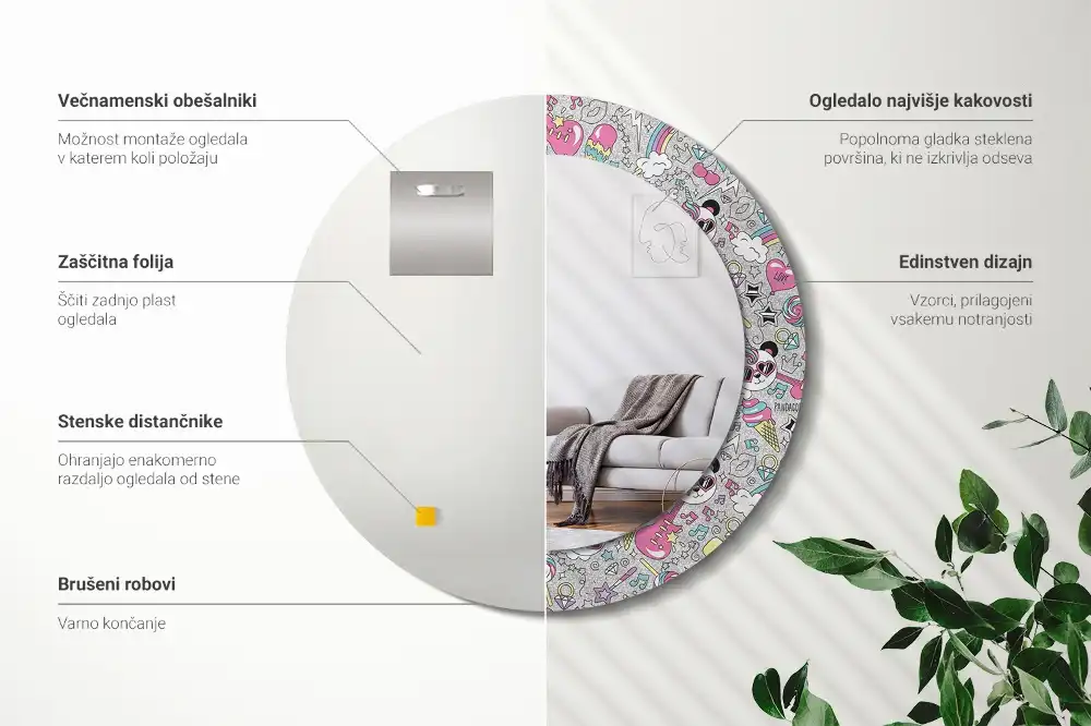 Miroir rond cadre imprimé panda licorne
