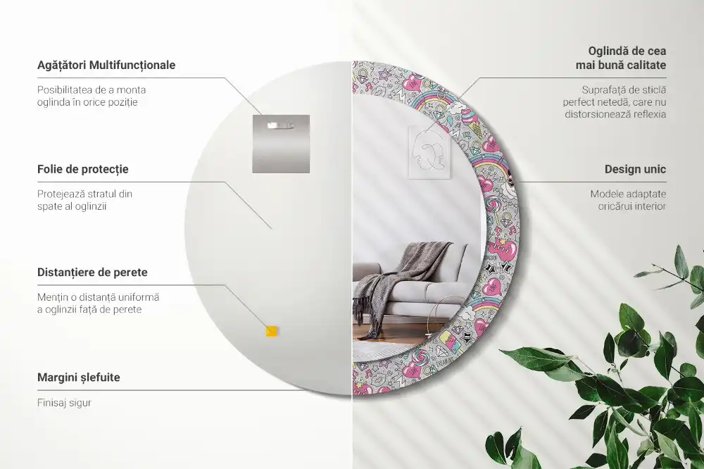 Miroir rond cadre imprimé panda licorne