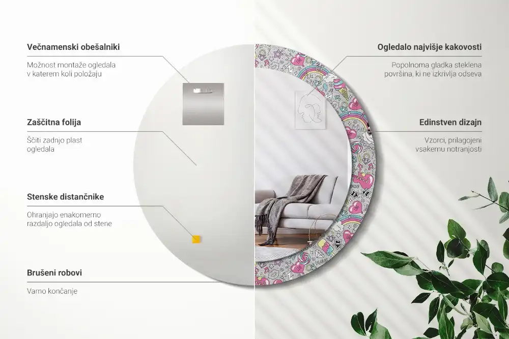 Miroir rond cadre imprimé panda licorne