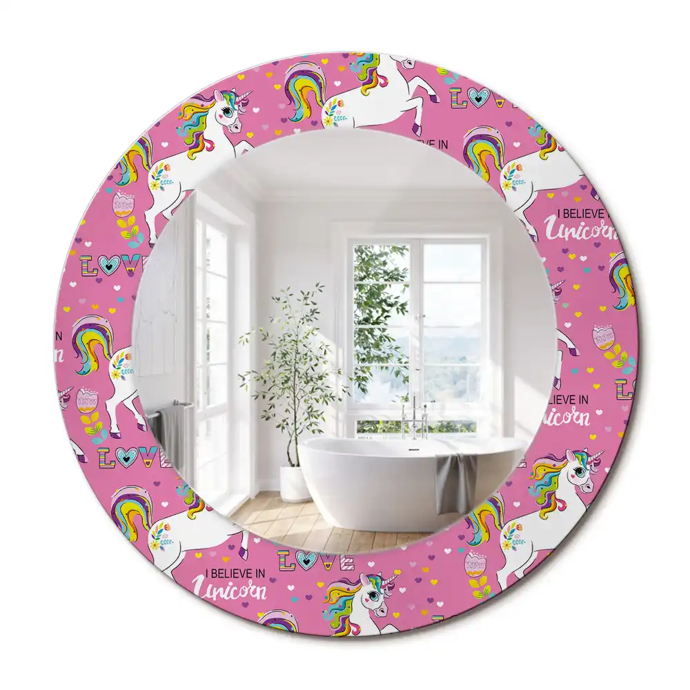 Miroir rond cadre avec impression licorne féerique