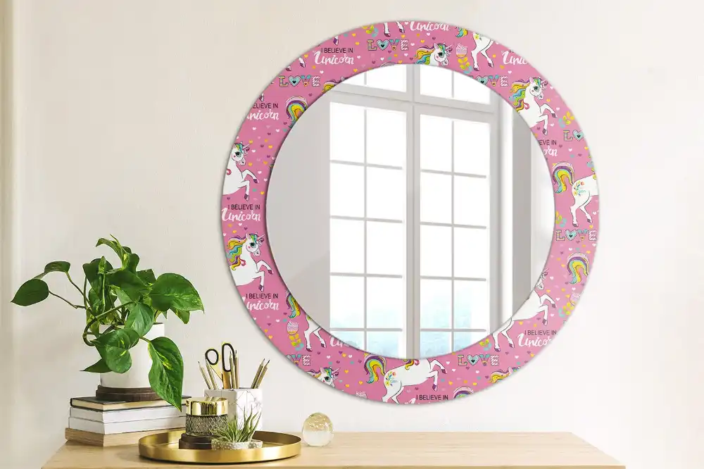 Miroir rond cadre avec impression licorne féerique