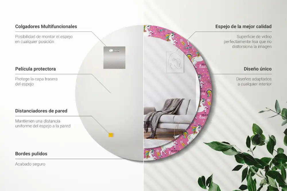 Miroir rond cadre avec impression licorne féerique