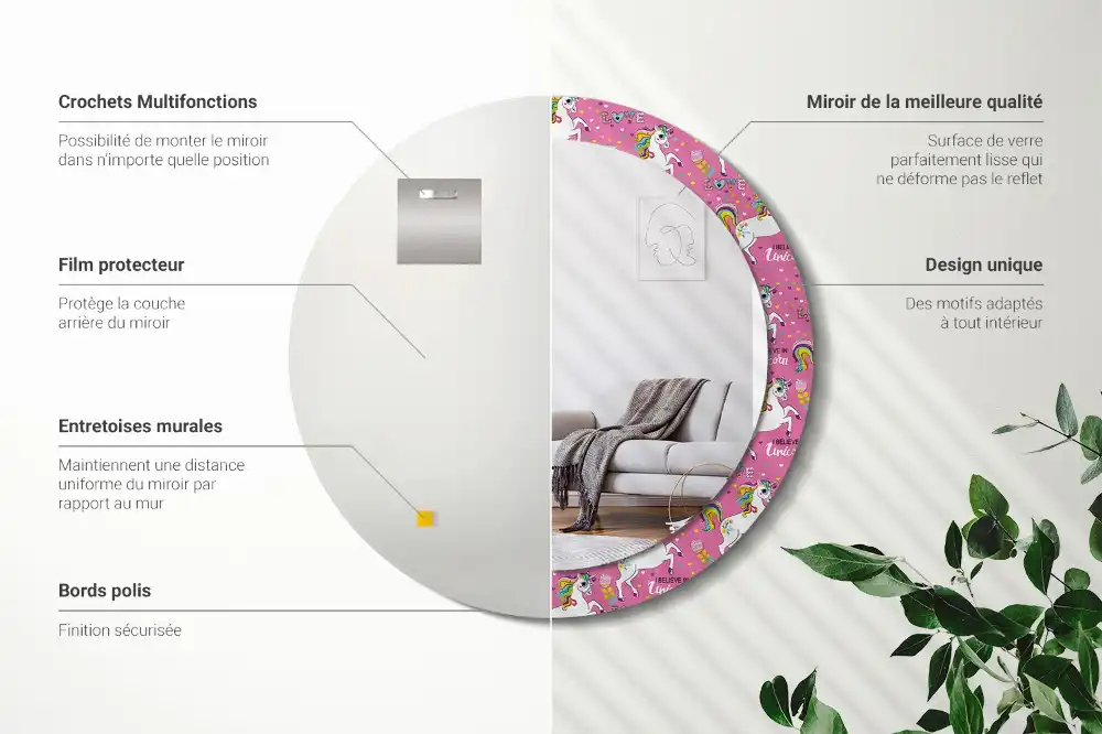 Miroir rond cadre avec impression licorne féerique