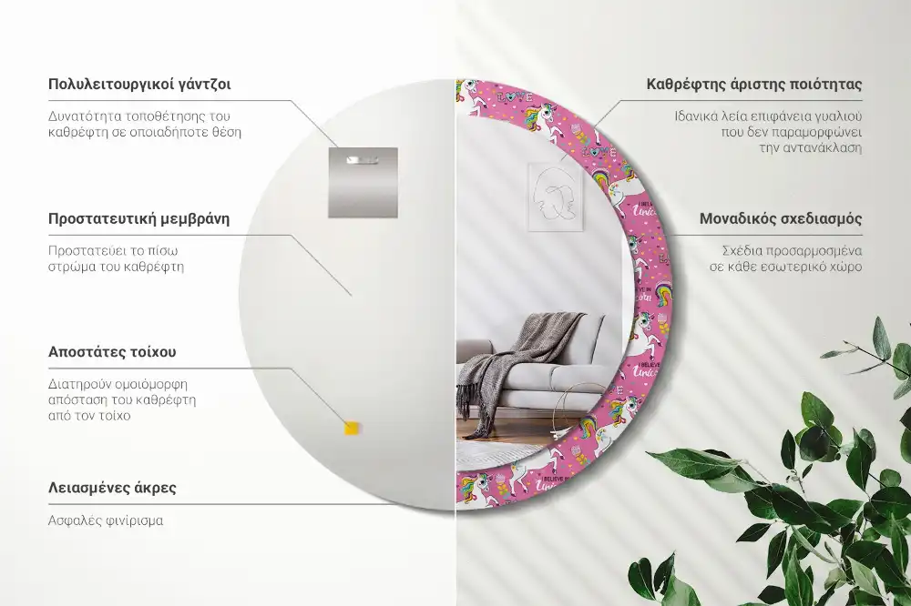 Miroir rond cadre avec impression licorne féerique