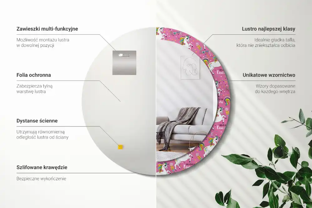 Miroir rond cadre avec impression licorne féerique