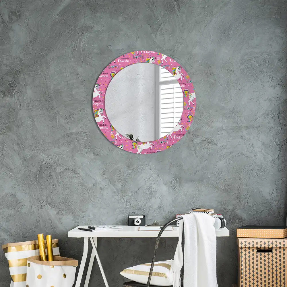 Miroir rond cadre avec impression licorne féerique
