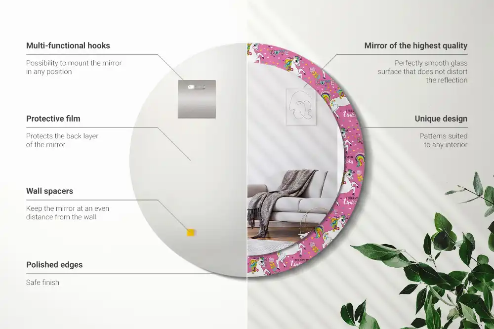 Miroir rond cadre avec impression licorne féerique
