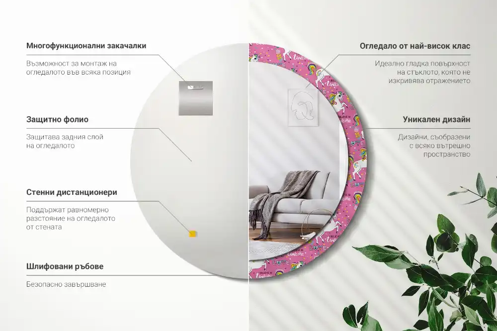 Miroir rond cadre avec impression licorne féerique