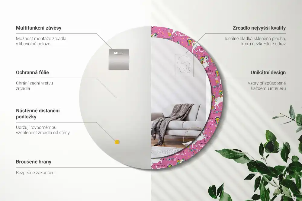 Miroir rond cadre avec impression licorne féerique