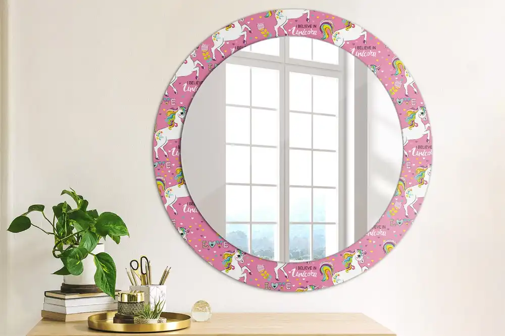 Miroir rond cadre avec impression licorne féerique