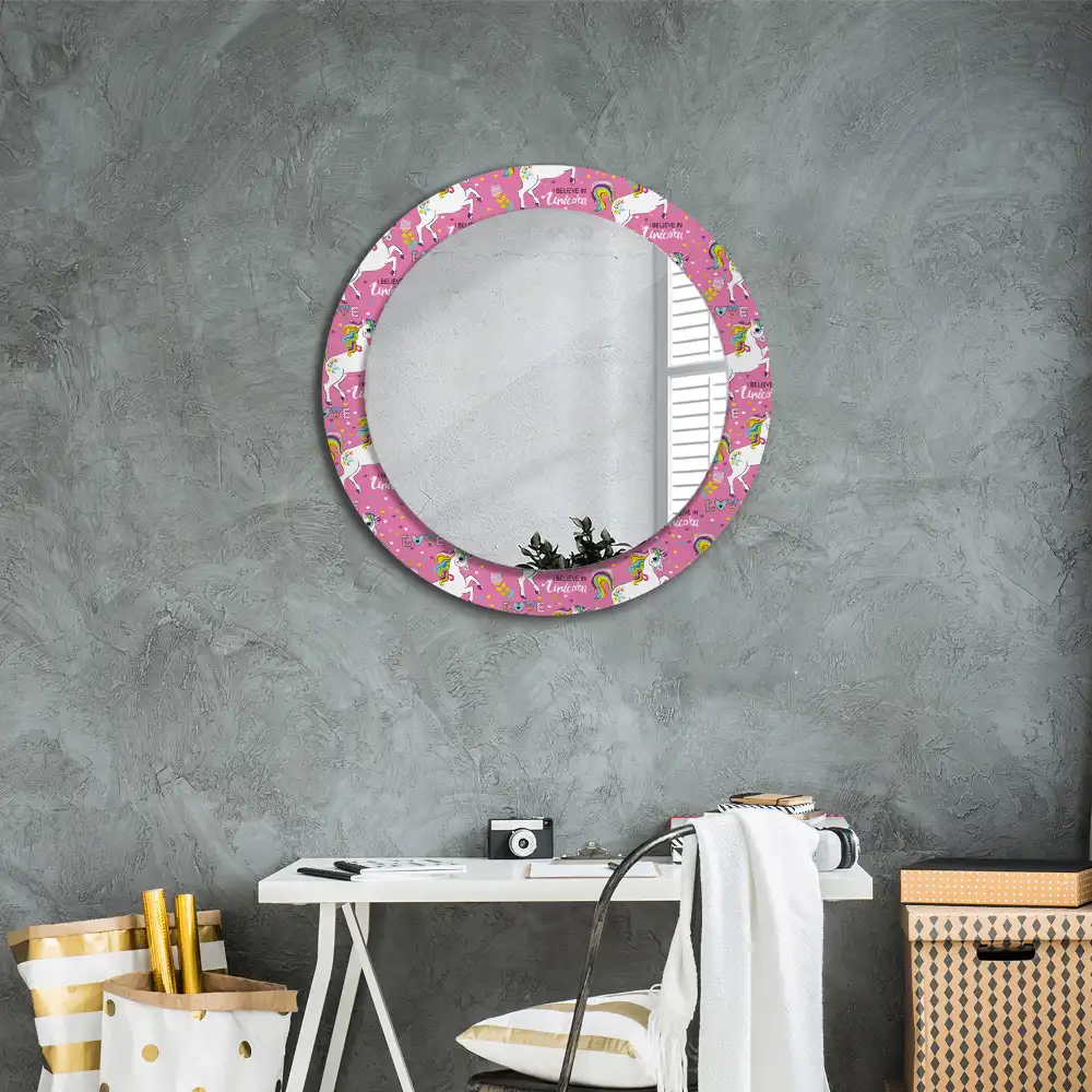 Miroir rond cadre avec impression licorne féerique