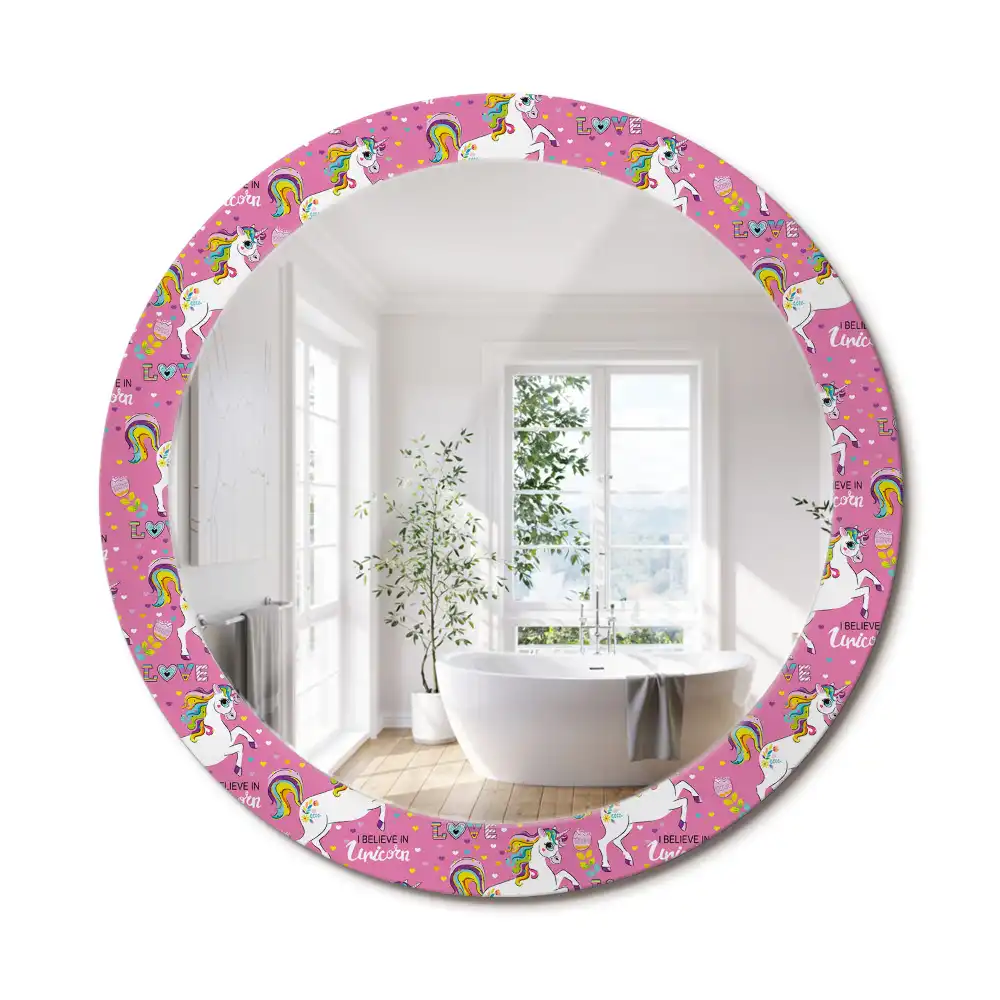 Miroir rond cadre avec impression licorne féerique