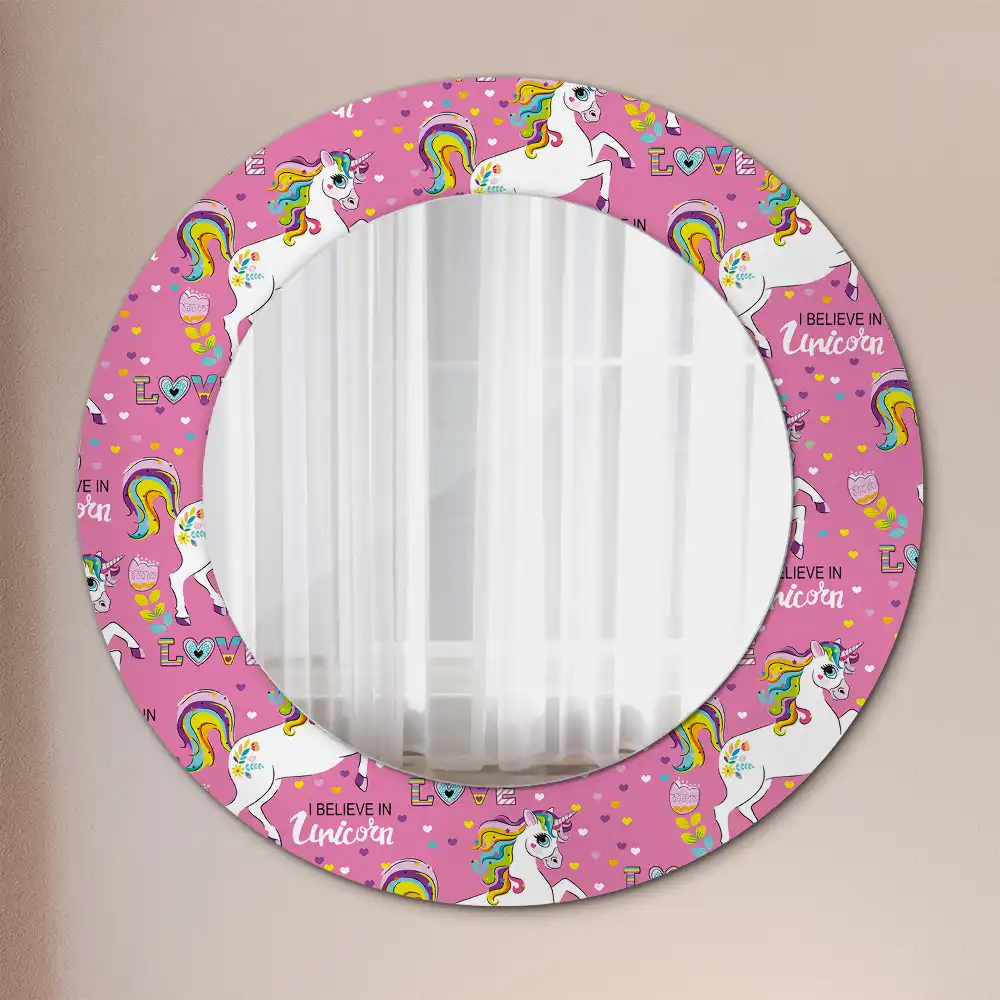 Miroir rond cadre avec impression licorne féerique