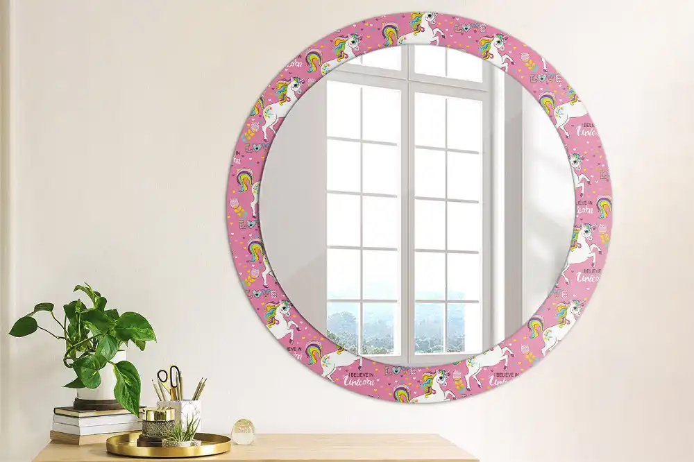 Miroir rond cadre avec impression licorne féerique