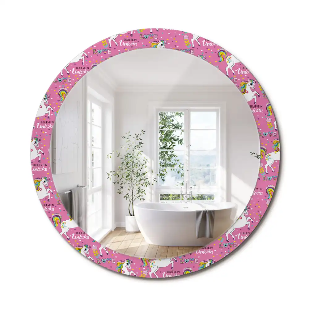 Miroir rond cadre avec impression licorne féerique