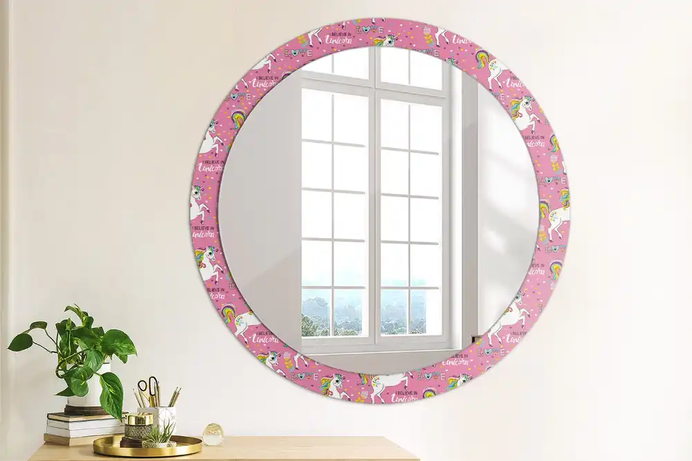 Miroir rond cadre avec impression licorne féerique