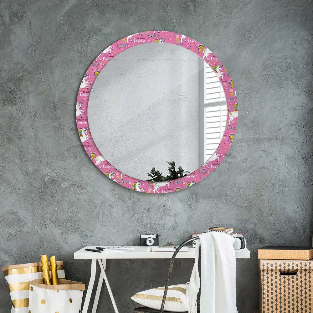 Miroir rond cadre avec impression licorne féerique