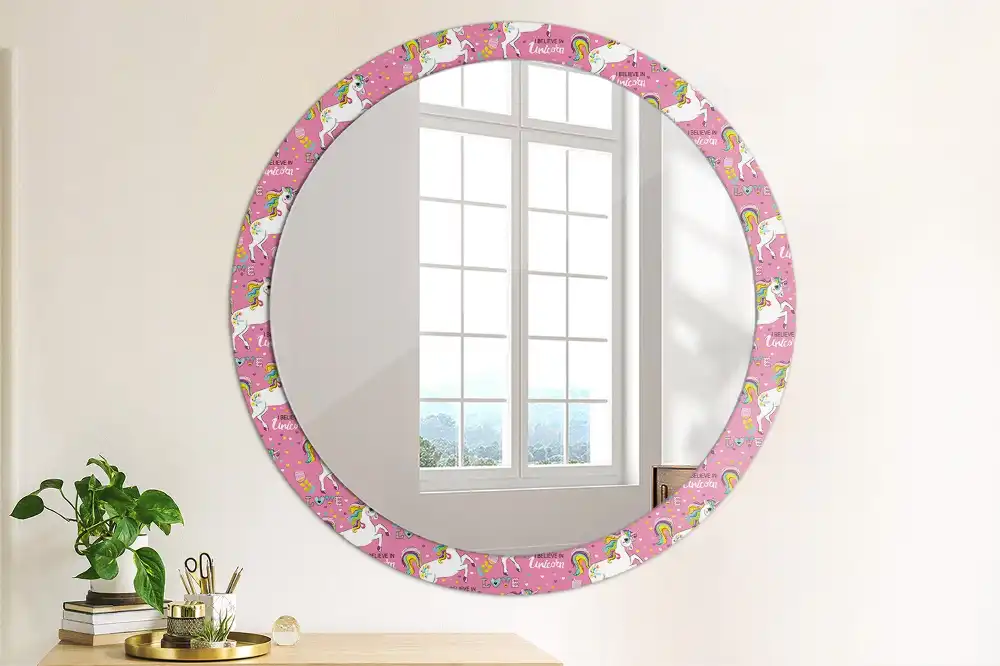 Miroir rond cadre avec impression licorne féerique