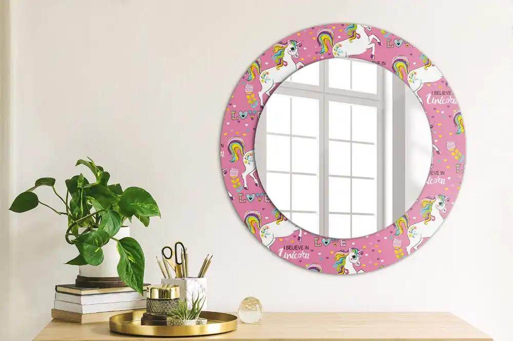 Miroir rond cadre avec impression licorne féerique
