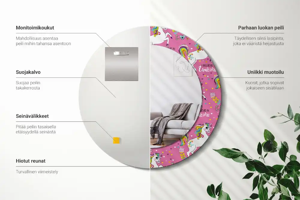 Miroir rond cadre avec impression licorne féerique